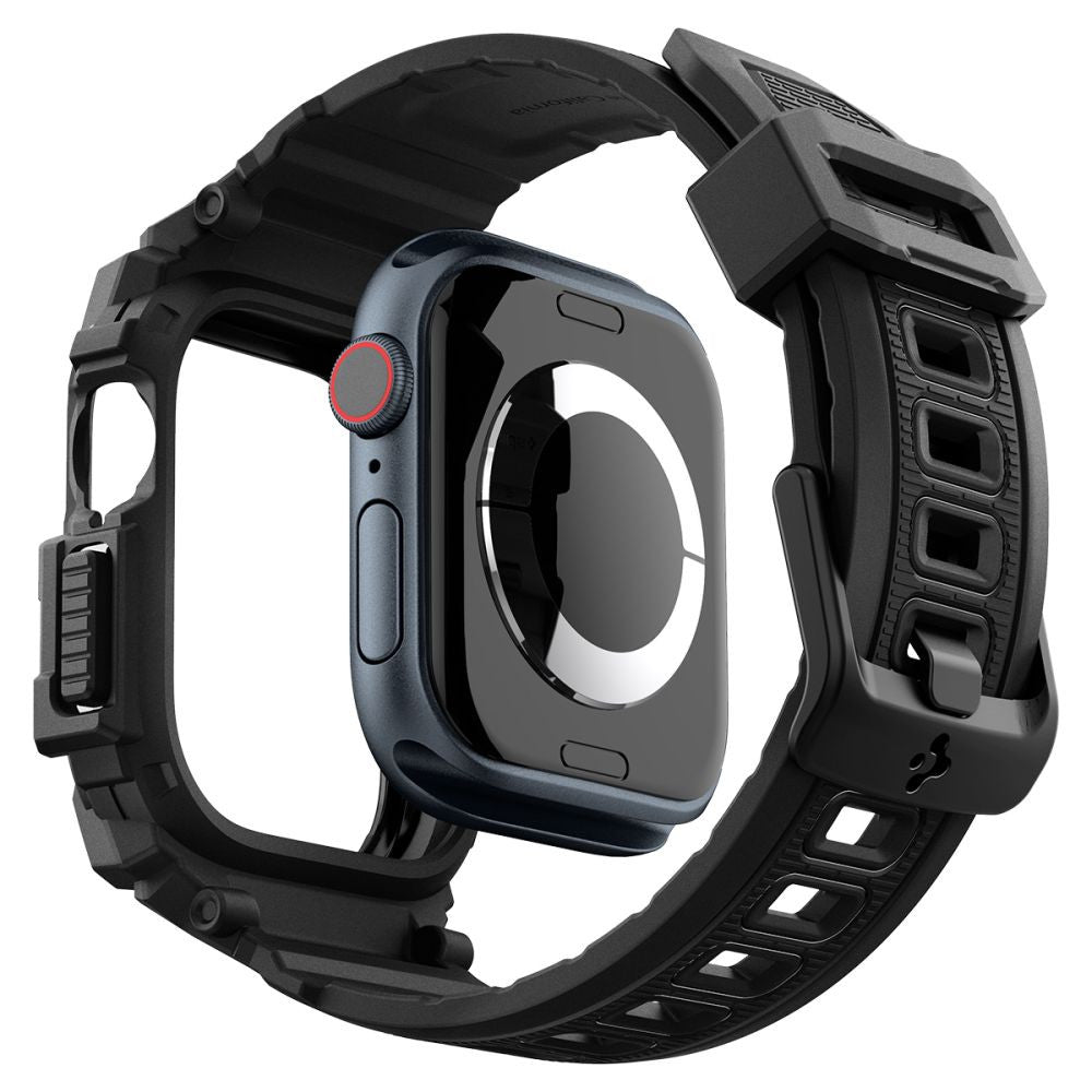 Apple Watch 10-11 (42 mm), Szilikon védőkeret, ütésálló, szíjjal, Spigen Rugged Armor Pro, fekete
