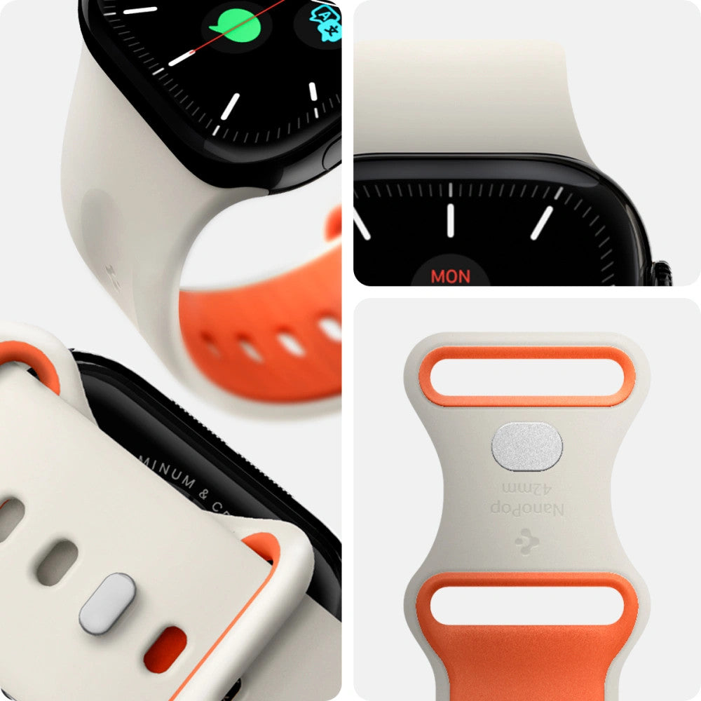 Apple Watch 4-6, SE, SE (2022), SE (2025) (38 / 40 mm) / Watch 7-9 (41 mm) / Watch 10-11 (42 mm), szilikon pótszíj, állítható, Spigen Nano Pop, bézs/narancs
