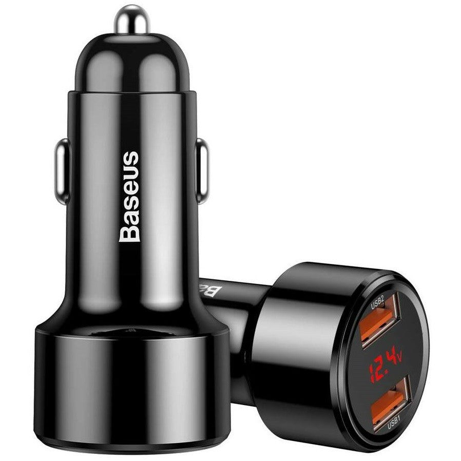 Autós töltő, Szivargyújtós töltő, 45W, 2 x USB aljzat, gyorstöltés, QC 3.0, LED kijelzővel, Baseus Magic CCML20A-01, fekete