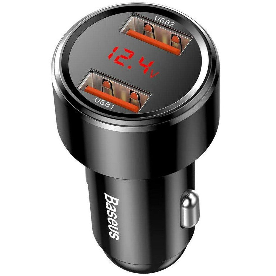 Autós töltő, Szivargyújtós töltő, 45W, 2 x USB aljzat, gyorstöltés, QC 3.0, LED kijelzővel, Baseus Magic CCML20A-01, fekete