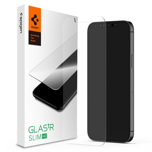 Apple iPhone 13 / 13 Pro / 14 / 16e / 17e, Kijelzővédő fólia, ütésálló fólia (az íves részre is!), Tempered Glass (edzett üveg), Spigen Glastr Slim HD, Clear
