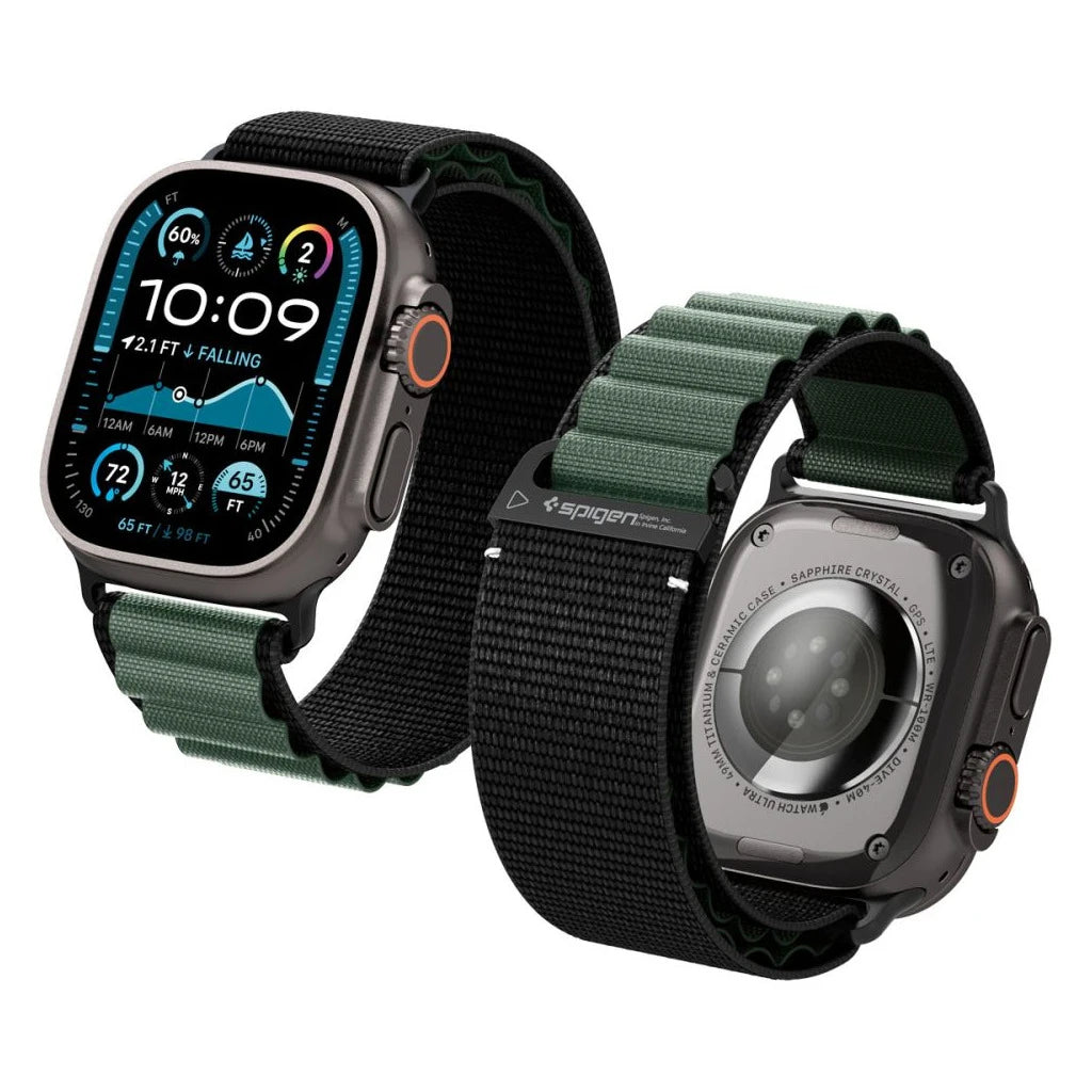 SPIGEN WBF1 BAND Apple Watch szíj 8/9/10/11/SE/ULTRA készülékhez (44/45/46/49 mm) fekete/zöld -  Apple Watch Szövet Szíjak a Domshop kínálatából