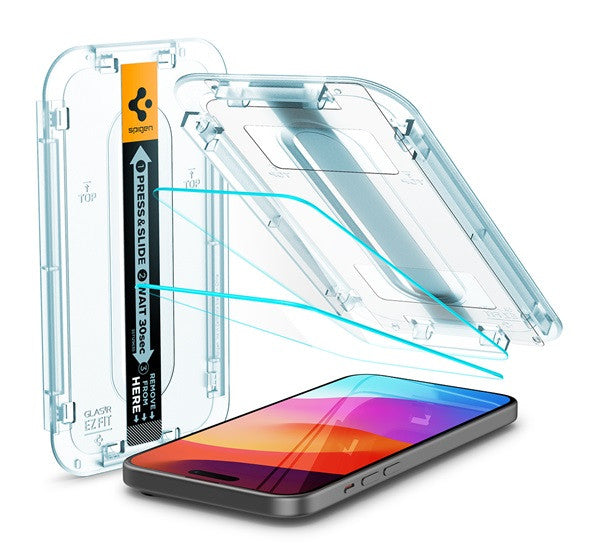 Spigen Glas.tR EZ Fit Apple iPhone 15 / iPhone 16 Tempered kijelzővédő fólia felhelyező kerettel (2db) -  iPhone 15/16 fólia a Domshop kínálatából