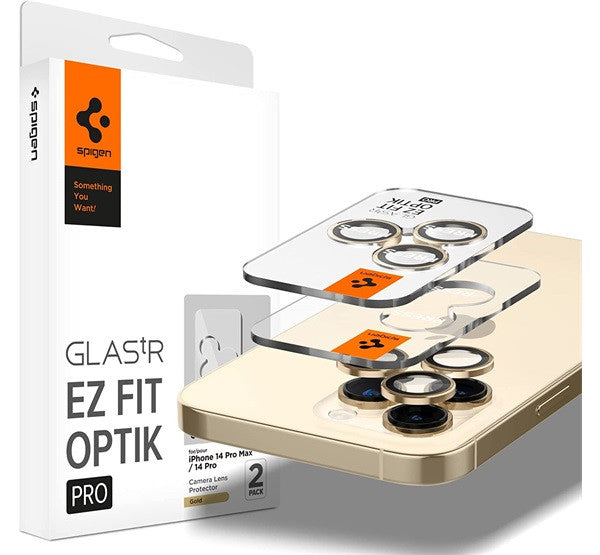 Spigen Glas.tR EZ Fit Optik Pro Apple iPhone 14 Pro / 14 Pro Max Tempered kameralencse-védő fólia felhelyező kerettel, Arany (2db) -   a Domshop kínálatából