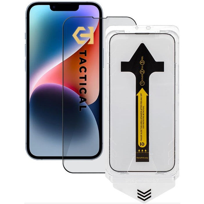 Apple iPhone 13 / 13 Pro / 14 / 16e, Kijelzővédő fólia, ütésálló fólia (az íves részre is!), Tempered Glass (edzett üveg), segéd kerettel, Tactical Impact Barrier, fekete