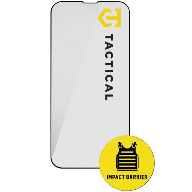 Apple iPhone 13 / 13 Pro / 14 / 16e, Kijelzővédő fólia, ütésálló fólia (az íves részre is!), Tempered Glass (edzett üveg), segéd kerettel, Tactical Impact Barrier, fekete