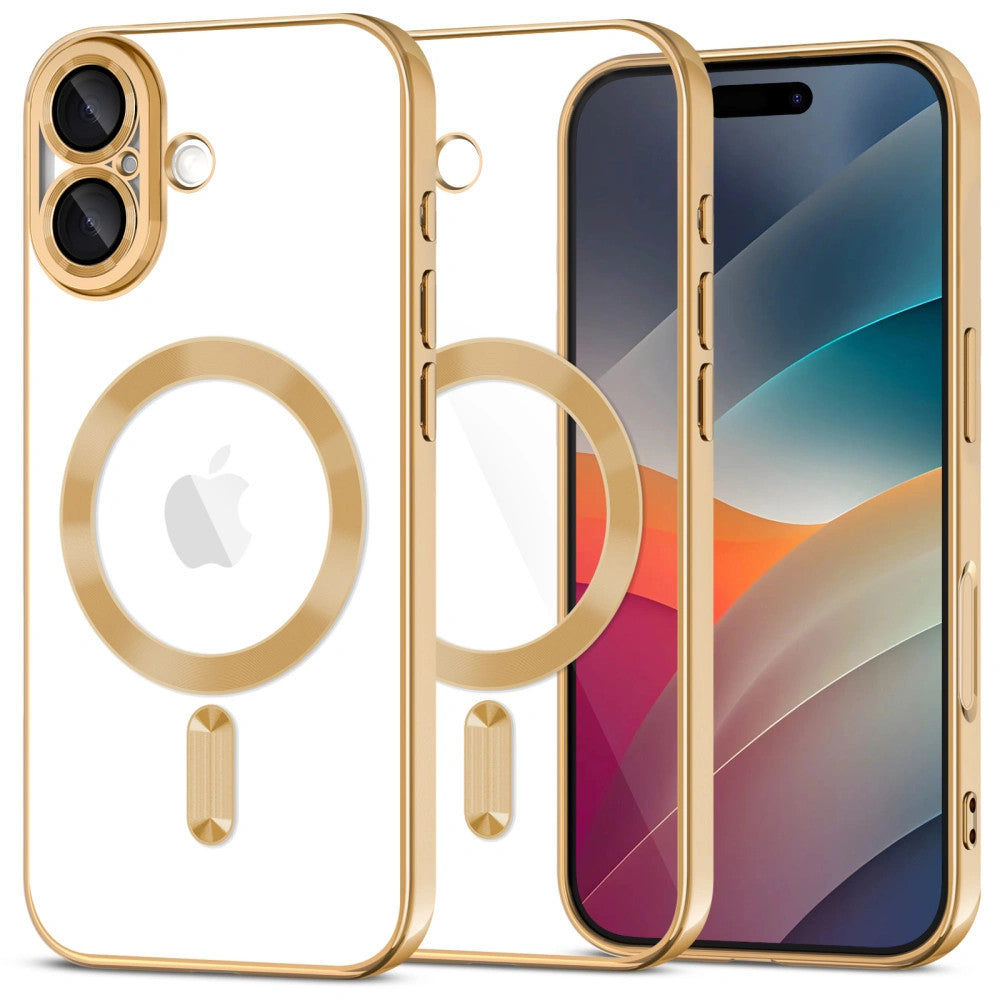 Apple iPhone 17, Műanyag hátlap védőtok + szilikon keret, közepesen ütésálló, Magsafe töltővel kompatibilis, fényes keret, Magflex Magsafe, átlátszó/arany