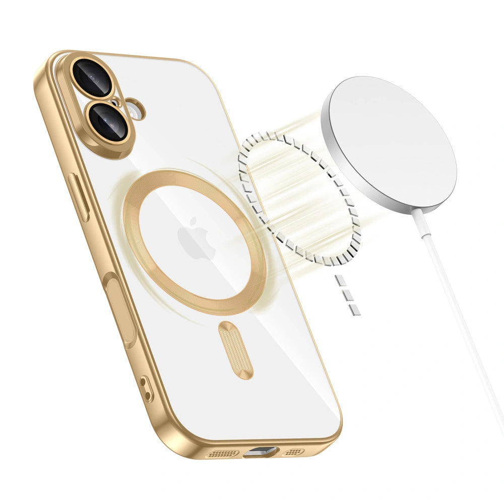 Apple iPhone 17, Műanyag hátlap védőtok + szilikon keret, közepesen ütésálló, Magsafe töltővel kompatibilis, fényes keret, Magflex Magsafe, átlátszó/arany