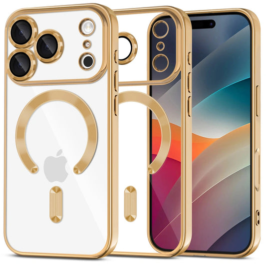 Apple iPhone 17 Pro, Műanyag hátlap védőtok + szilikon keret, közepesen ütésálló, Magsafe töltővel kompatibilis, fényes keret, Magflex Magsafe, átlátszó/arany -  iPhone 17 Pro tok a Domshop kínálatából