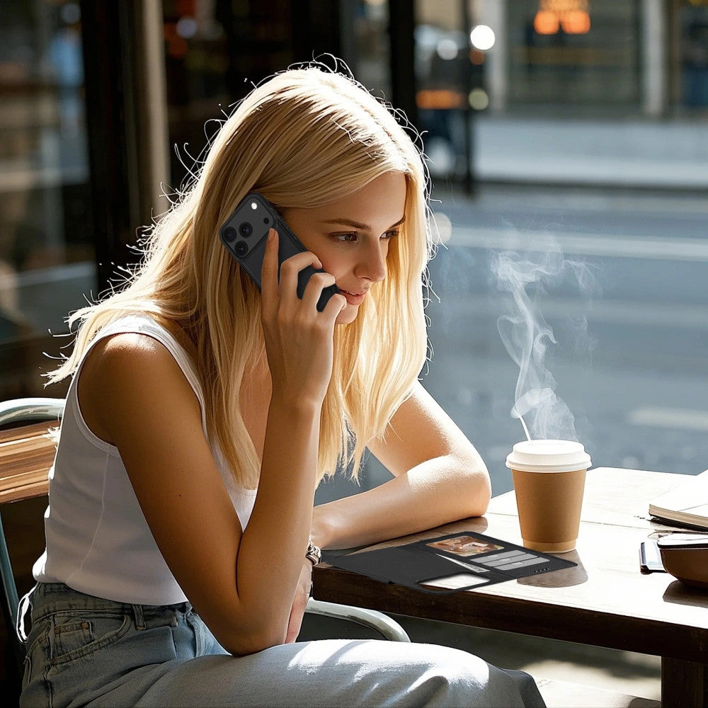 Apple iPhone 16e, Oldalra nyíló tok, stand, mágnes csattal, kivehető tokkal, Magsafe töltővel kompatibilis, TP Wallett Magsafe, fekete