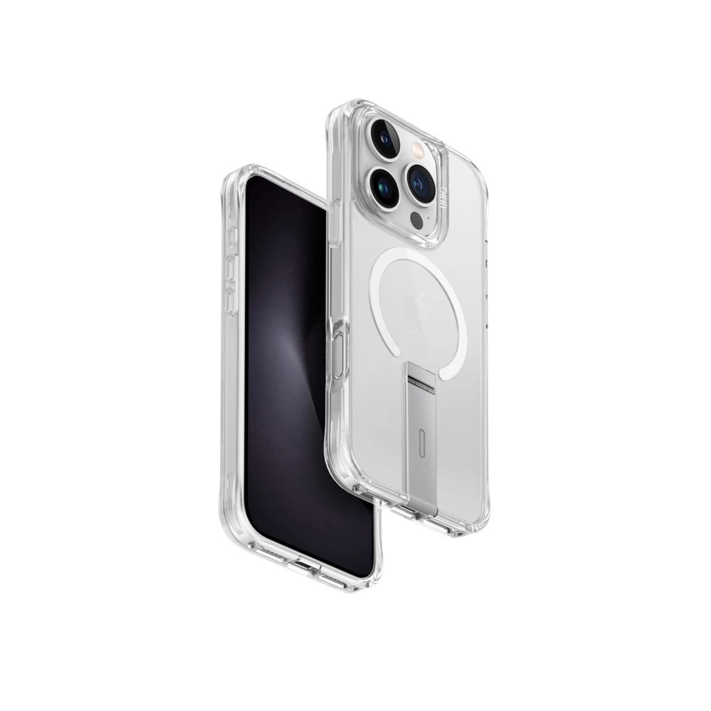 UNIQ Hybrid MagClick Charging Eleva Vertical Stand tok Apple Iphone 16 Pro készülékhez - lucent clear -  iPhone 16 Pro tok a Domshop kínálatából