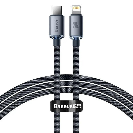 USB Type-C töltő- és adatkábel, Lightning, 120 cm, 20W, gyorstöltés, PD, cipőfűző minta, Baseus Crystal Shine, CAJY000201, fekete -  Lightning kábel a Domshop kínálatából