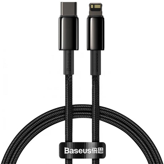 USB Type-C töltő- és adatkábel, Lightning, 200 cm, 20W, törésgátlóval, gyorstöltés, Baseus Tungsten Gold, CATLWJ-A01, fekete -  Lightning kábel a Domshop kínálatából