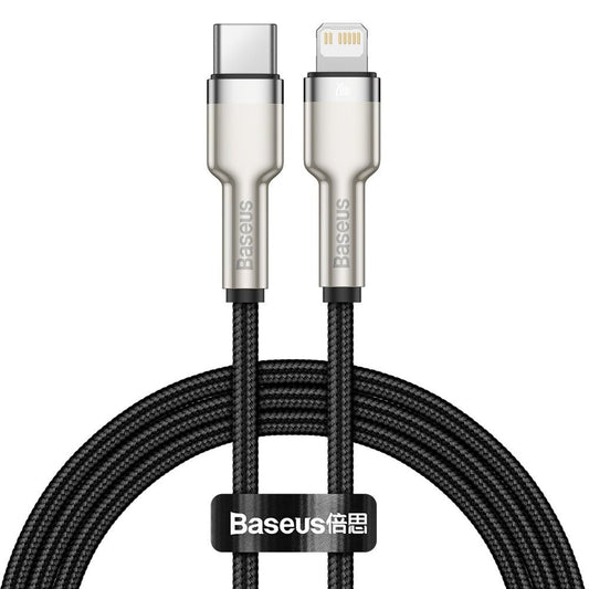 USB Type-C töltő- és adatkábel, Lightning, 25 cm, 20W, törésgátlóval, gyorstöltés, PD, cipőfűző minta, Baseus Cafule Metal, CATLJK-01, fekete -  Lightning kábel a Domshop kínálatából
