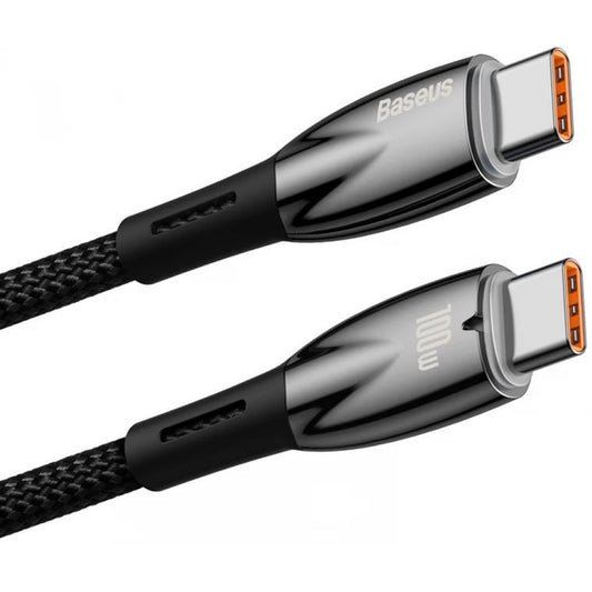 USB Type-C töltő- és adatkábel, USB Type-C, 100 cm, 5000 mA, 100W, törésgátlóval, gyorstöltés, PD, Baseus Glimmer, CADH000701, fekete -  USB-C kábel a Domshop kínálatából