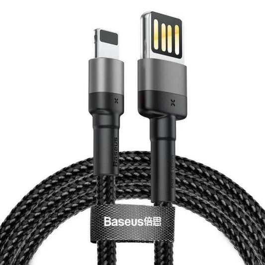 USB töltő- és adatkábel, Lightning, 100 cm, 2400 mA, kétoldalas, törésgátló, gyorstöltés, cipőfűző minta, Baseus Cafule Special Edition, CALKLF-GG1, fekete/szürke -  Lightning kábel a Domshop kínálatából