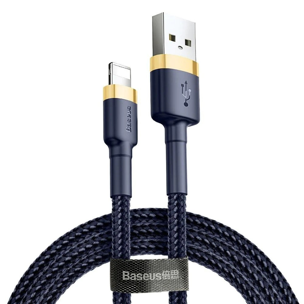 USB töltő- és adatkábel, Lightning, 100 cm, 2400 mA, törésgátlóval, gyorstöltés, cipőfűző minta, Baseus Cafule, CALKLF-BV3, sötétkék/arany -  Lightning kábel a Domshop kínálatából