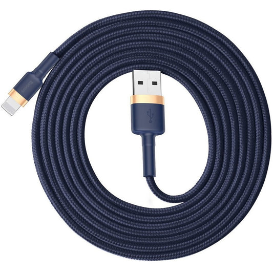 USB töltő- és adatkábel, Lightning, 200 cm, 1500 mA, törésgátló, cipőfűző minta, Baseus Cafule, CALKLF-CV3, sötétkék/arany -  Lightning kábel a Domshop kínálatából
