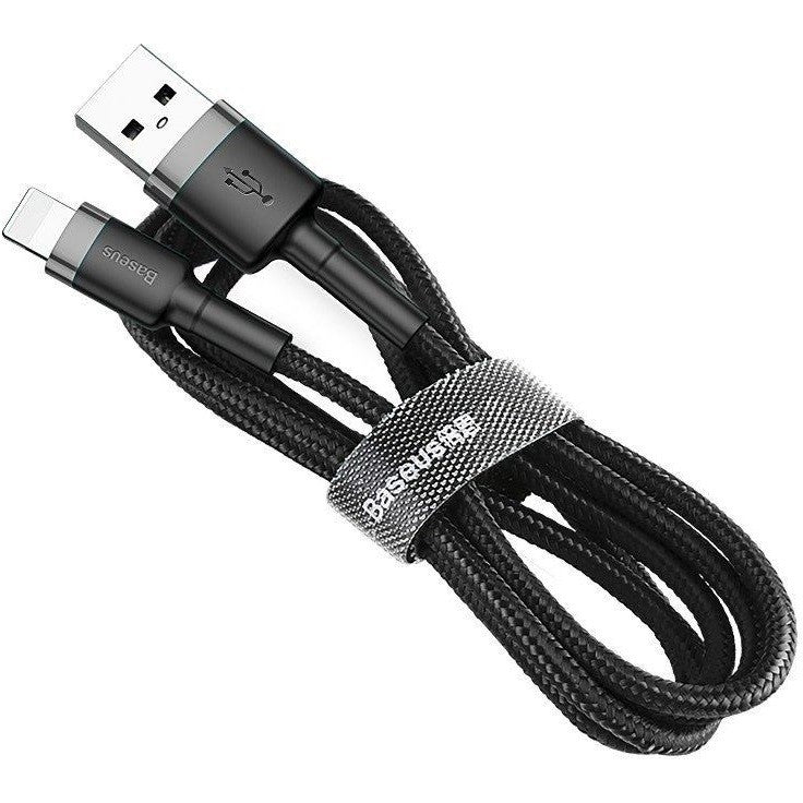 USB töltő- és adatkábel, Lightning, 50 cm, 2400 mA, törésgátlóval, gyorstöltés, cipőfűző minta, Baseus Cafule, CALKLF-AG1, fekete/szürke -  Lightning kábel a Domshop kínálatából