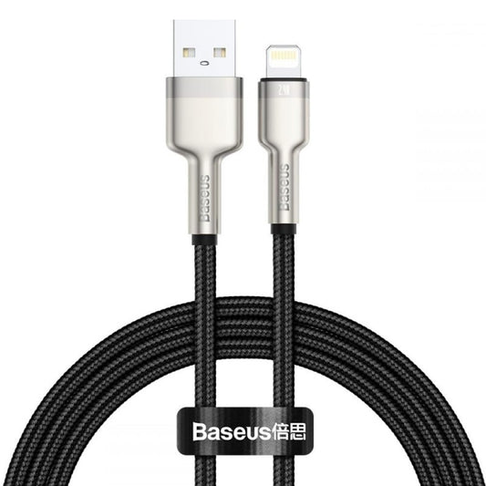 USB töltő- és adatkábel, Lightning, 50 cm, 2400 mA, törésgátlóval, gyorstöltés, cipőfűző minta, Baseus Cafule Metal, CALJK-01, fekete -  Lightning kábel a Domshop kínálatából