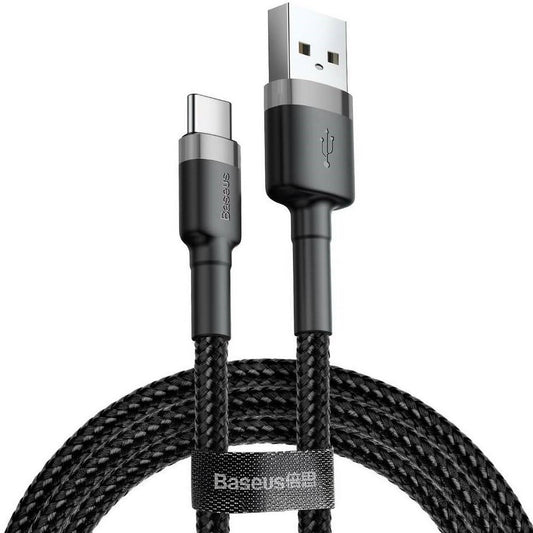 USB töltő- és adatkábel, USB Type-C, 100 cm, 3000 mA, törésgátlóval, gyorstöltés, cipőfűző minta, Baseus Cafule, CATKLF-BG1, fekete/szürke -  USB-C kábel a Domshop kínálatából