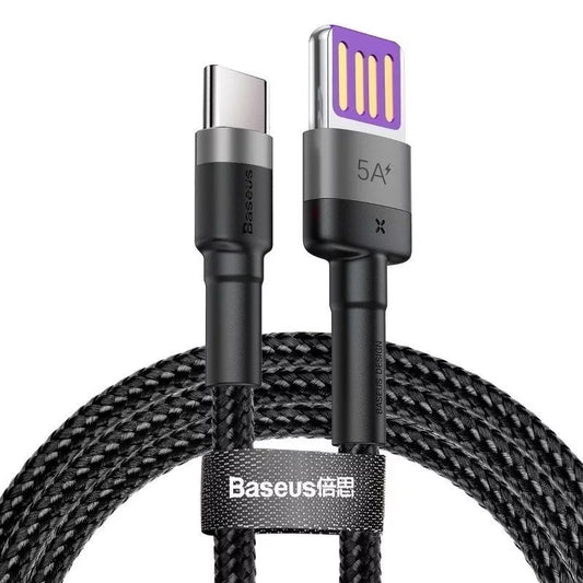 USB töltő- és adatkábel, USB Type-C, 100 cm, 5000 mA, 40W, kétoldalas, törésgátlóval, gyorstöltés, PD, cipőfűző minta, Baseus Cafule HW, CATKLF-PG1, fekete/szürke -  USB-C kábel a Domshop kínálatából