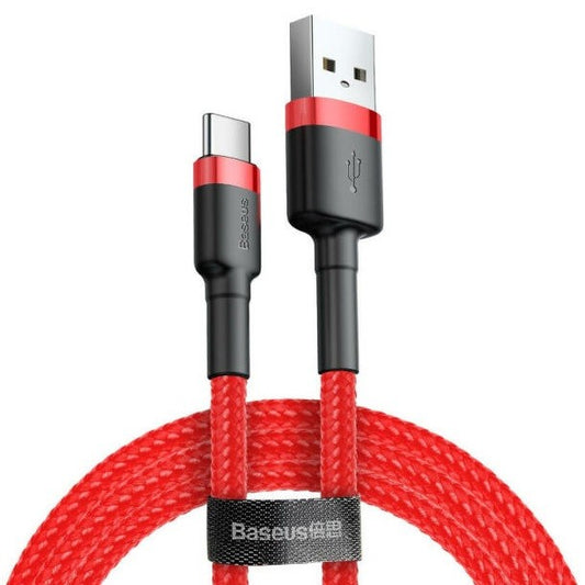 USB töltő- és adatkábel, USB Type-C, 200 cm, 2000 mA, törésgátlóval, gyorstöltés, cipőfűző minta, Baseus Cafule CATKLF-C09, piros -  USB-C kábel a Domshop kínálatából