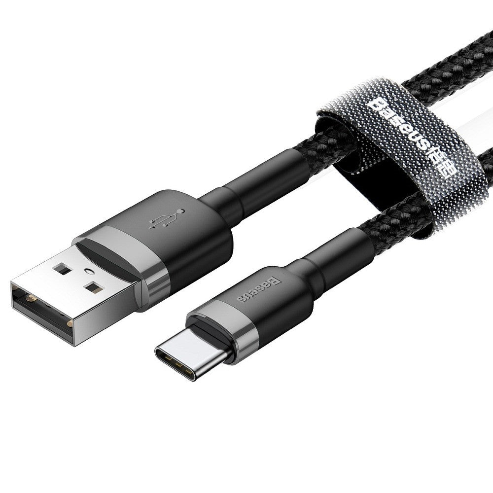 USB töltő- és adatkábel, USB Type-C, 200 cm, 2000 mA, törésgátlóval, gyorstöltés, cipőfűző minta, Baseus Cafule CATKLF-CG1, fekete/szürke -  USB-C kábel a Domshop kínálatából