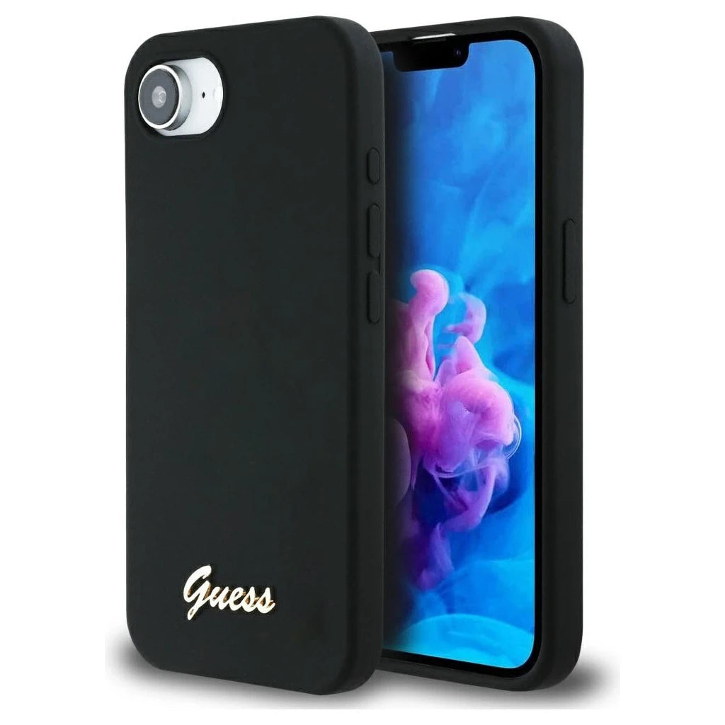 tok Guess Silicone Script Metal Logo MagSafe iPhone 16e készülékhez fekete -  iPhone 16e tok a Domshop kínálatából